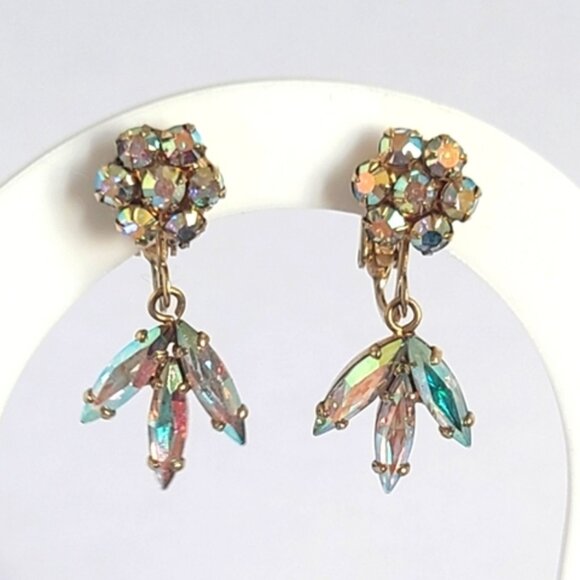 Vintage SHERMAN Aurora Borealis Crystal Gold Flower Drop Dangle Clip-On Earrings - Picture 1 of 13